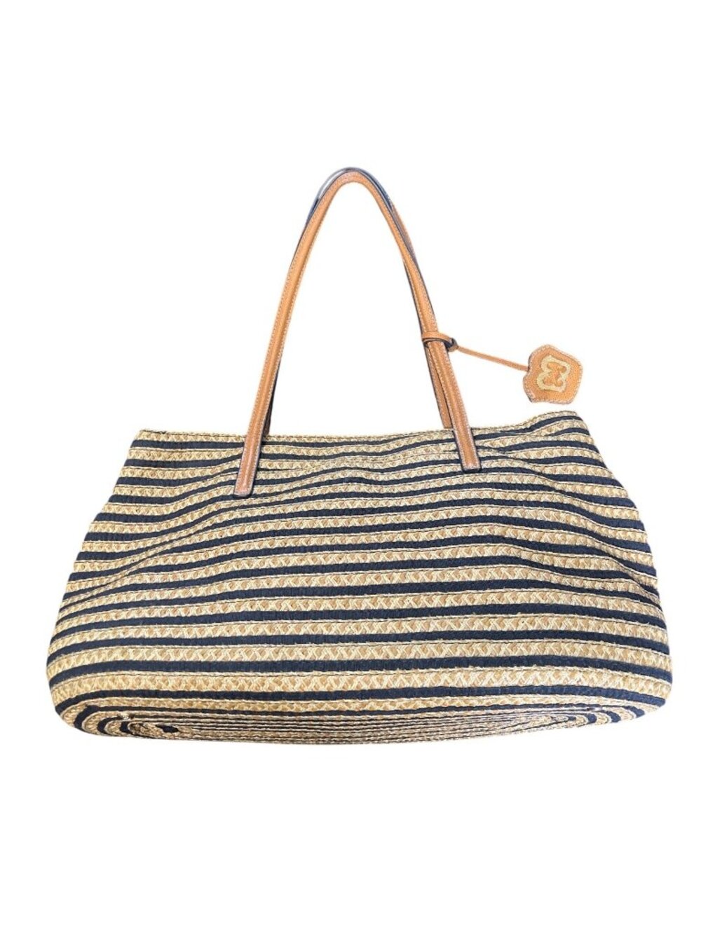 Eric Javits Striped Woven Straw Raffia Tote Bag With Leather Handles